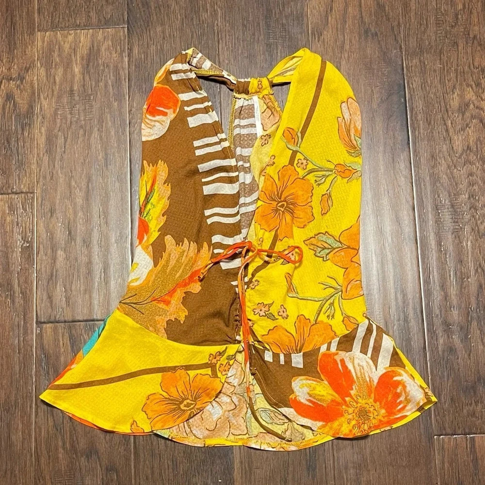 Free People Floral Halter Top Tie Front Open Back Peplum Small - Picture 2 of 8